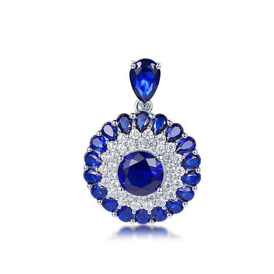 Round Blue Sapphire Moissanite Pendant 14K White Gold