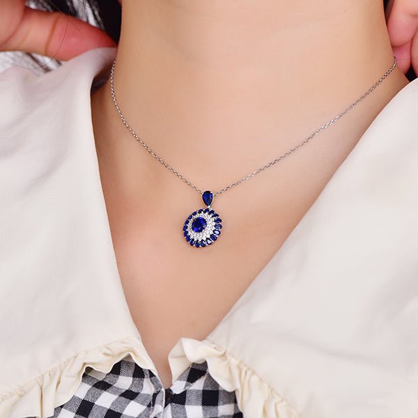 Round Blue Sapphire Moissanite Pendant 14K White Gold - Lord of Gem Rings