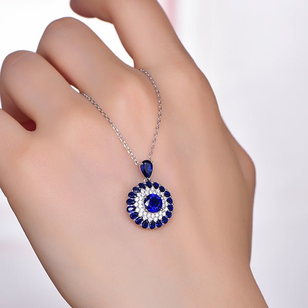 Round Blue Sapphire Moissanite Pendant 14K White Gold - Lord of Gem Rings