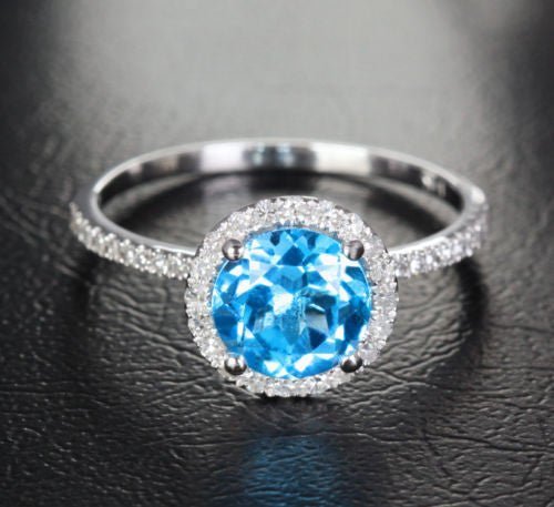 Round Blue Topaz Diamond Halo Engagement Ring 14k White Gold