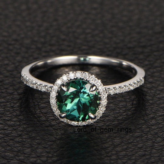 Round Blue Tourmaline Diamond Halo Engagement Ring