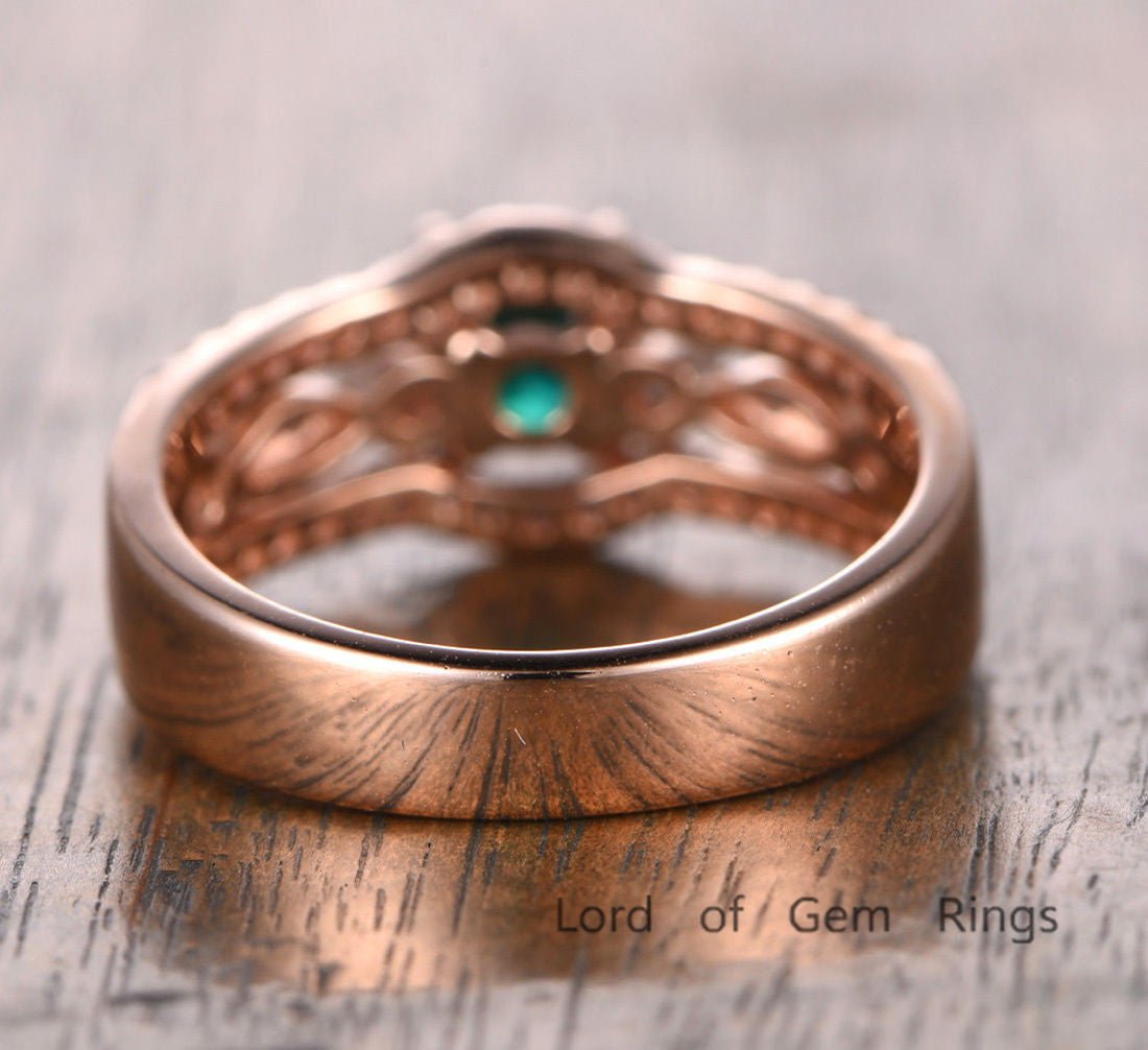 Round Emerald Contour Diamond Band United-as-One Bridal Set - Lord of Gem Rings