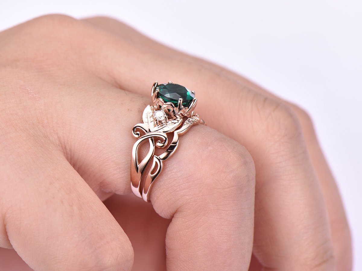 Round Emerald Diamond Floral Shank Ring Bridal Set 14k Rose Gold - Lord of Gem Rings