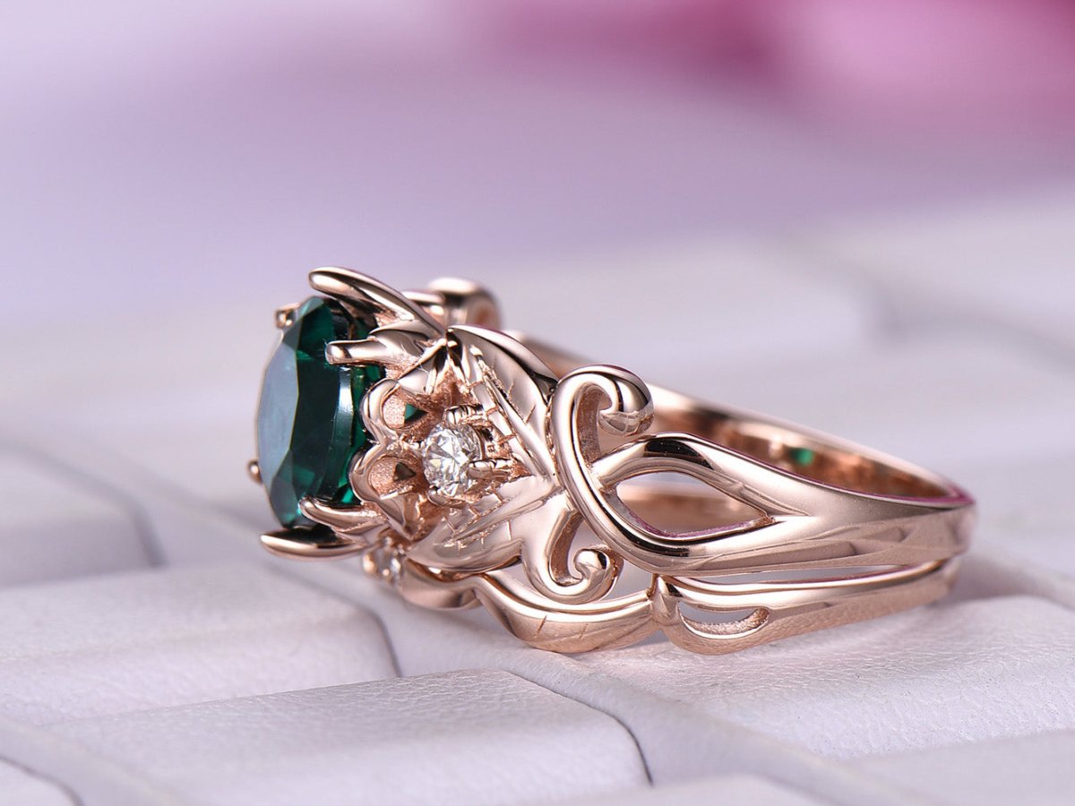 Round Emerald Diamond Floral Shank Ring Bridal Set 14k Rose Gold - Lord of Gem Rings