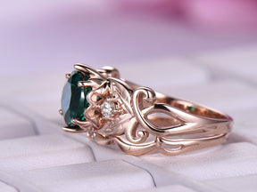 Round Emerald Diamond Floral Shank Ring Bridal Set 14k Rose Gold - Lord of Gem Rings