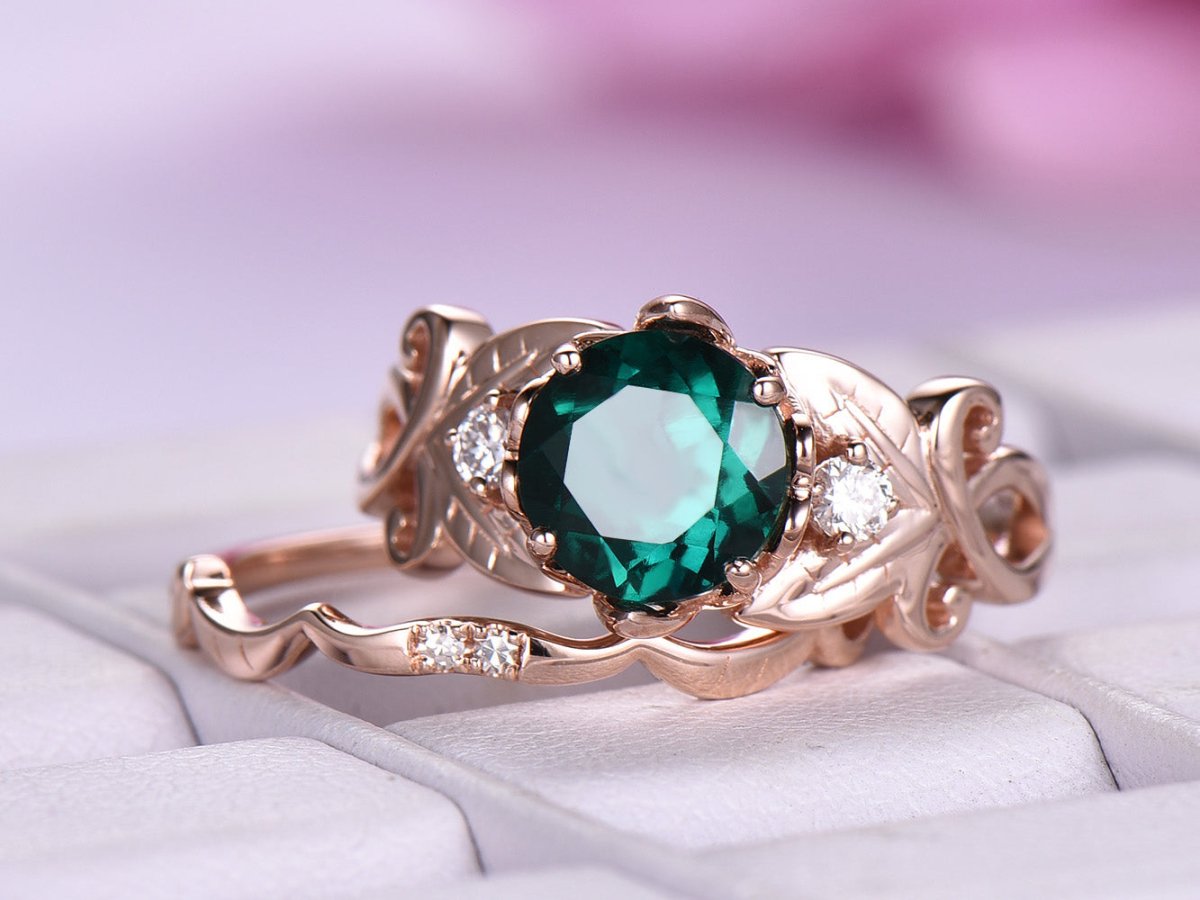 Round Emerald Diamond Floral Shank Ring Bridal Set 14k Rose Gold - Lord of Gem Rings