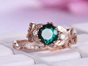 Round Emerald Diamond Floral Shank Ring Bridal Set 14k Rose Gold - Lord of Gem Rings