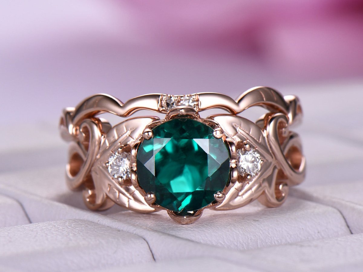 Round Emerald Diamond Floral Shank Ring Bridal Set 14k Rose Gold - Lord of Gem Rings
