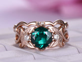 Round Emerald Diamond Floral Shank Ring Bridal Set 14k Rose Gold - Lord of Gem Rings