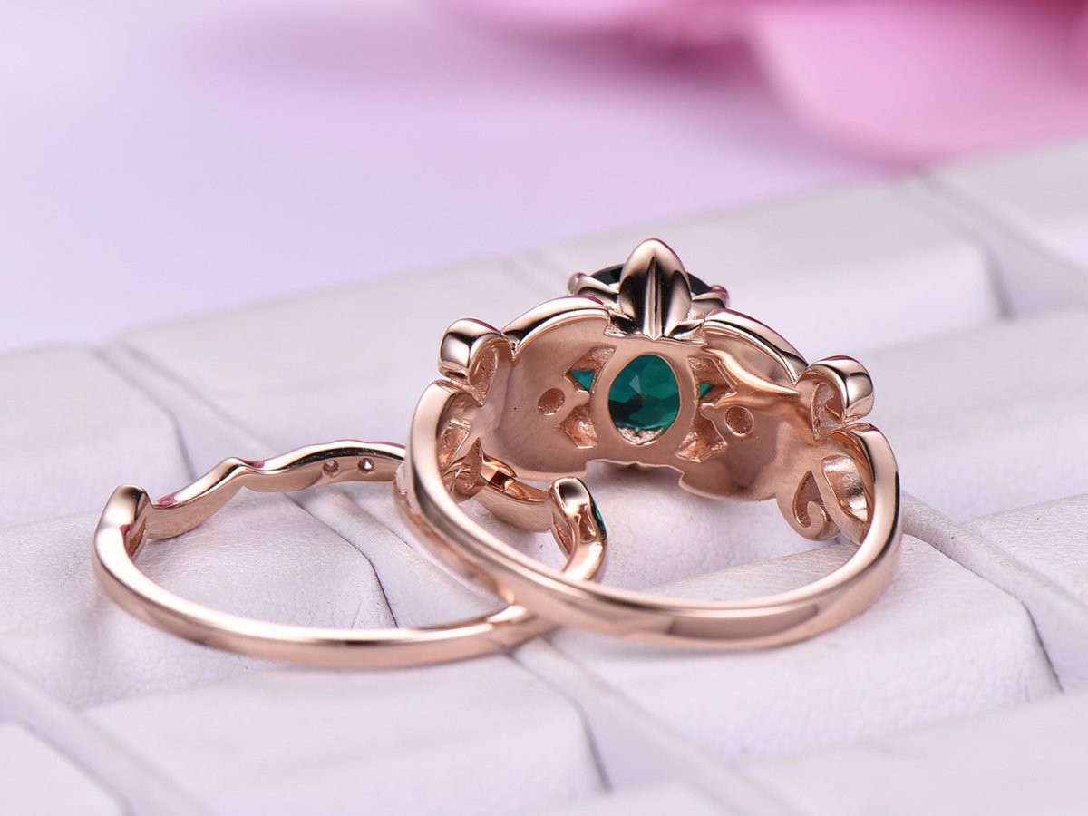 Round Emerald Diamond Floral Shank Ring Bridal Set 14k Rose Gold - Lord of Gem Rings