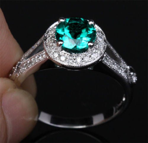 Round Emerald Diamond Halo Milgrain Split Shank Ring 14K White Gold