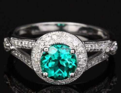 Round Emerald Diamond Halo Milgrain Split Shank Ring 14K White Gold - Lord of Gem Rings