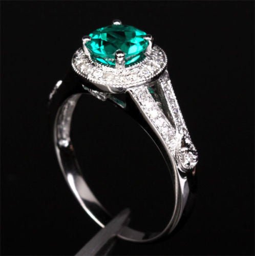 Round Emerald Diamond Halo Milgrain Split Shank Ring 14K White Gold - Lord of Gem Rings