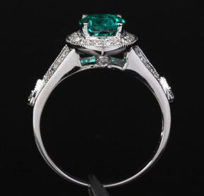 Round Emerald Diamond Halo Milgrain Split Shank Ring 14K White Gold - Lord of Gem Rings