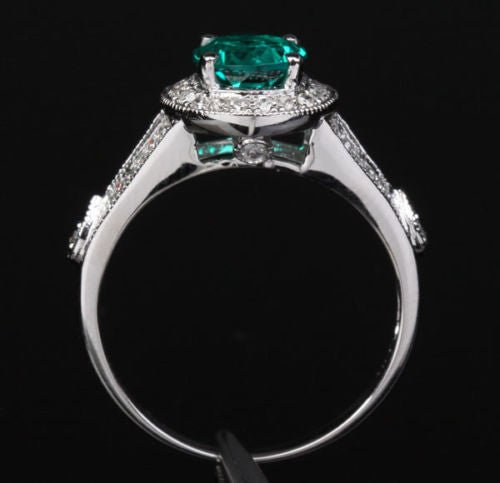 Round Emerald Diamond Halo Milgrain Split Shank Ring 14K White Gold - Lord of Gem Rings
