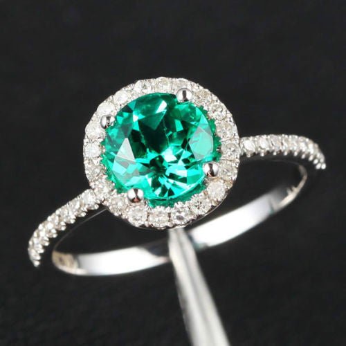 Round Emerald Diamond Halo THIN DESIGN Engagement Ring