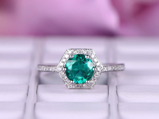 Round Emerald Diamond Hexagon Halo Engagement Ring
