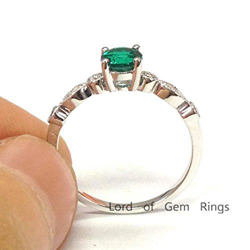 Round Emerald Ring Art Deco Diamond Shank 14K White Gold - Lord of Gem Rings