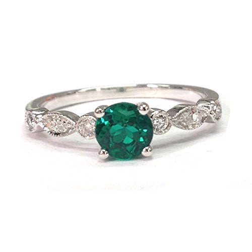 Round Emerald Ring Art Deco Diamond Shank 14K White Gold