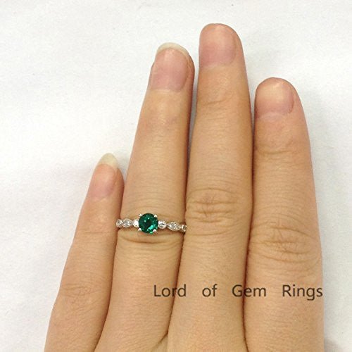 Round Emerald Ring Art Deco Diamond Shank 14K White Gold - Lord of Gem Rings
