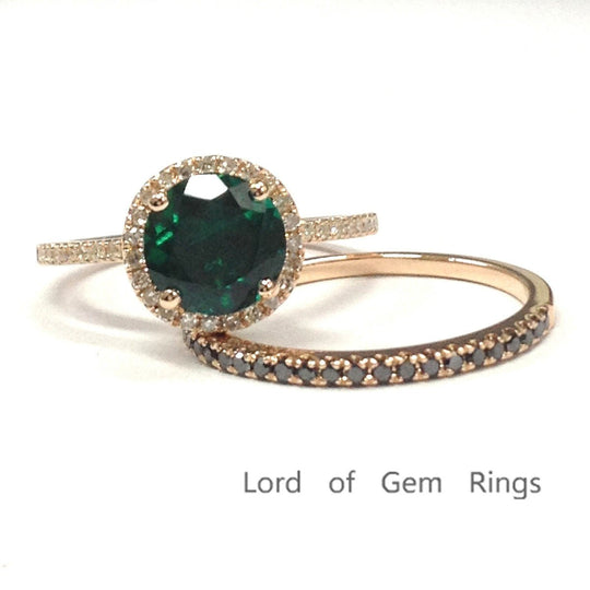 Round Emerald Ring & Black Diamond Band Bridal Set 14K Rose Gold