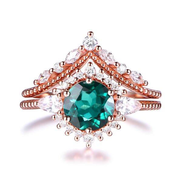 Round Emerald Ring Tiara Chevron Diamond Wedding Bridal Set - Lord of Gem Rings