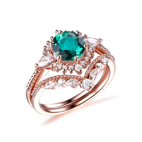 Round Emerald Ring Tiara Chevron Diamond Wedding Bridal Set