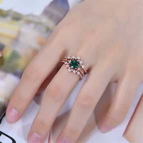 Round Emerald Trio Bridal Set with Tiara Curve Diamond Band - Lord of Gem Rings