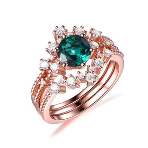 Round Emerald Trio Bridal Set with Tiara Curve Diamond Band - Lord of Gem Rings