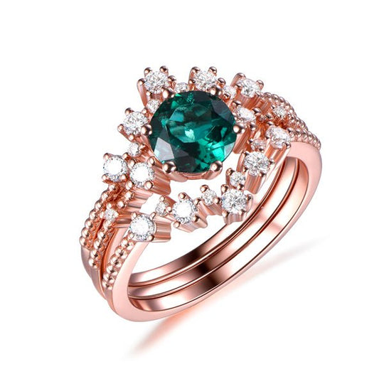 Round Emerald Trio Bridal Set with Tiara Curve Diamond Band