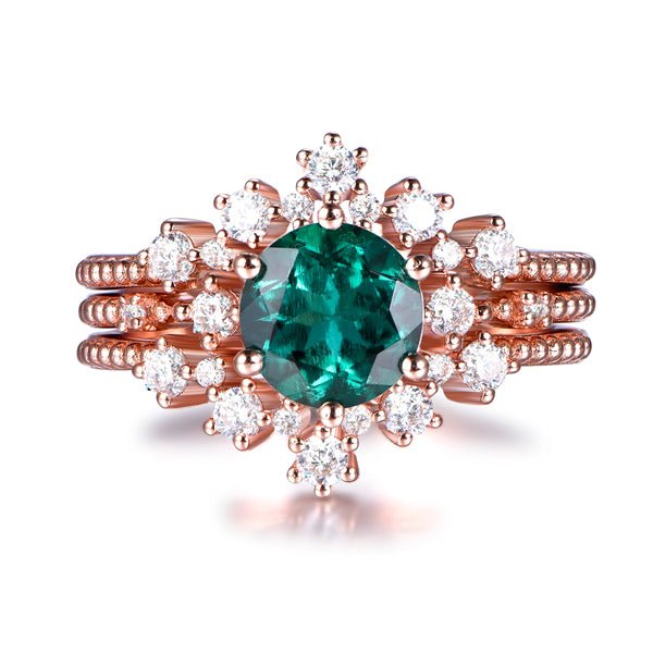 Round Emerald Trio Bridal Set with Tiara Curve Diamond Band - Lord of Gem Rings