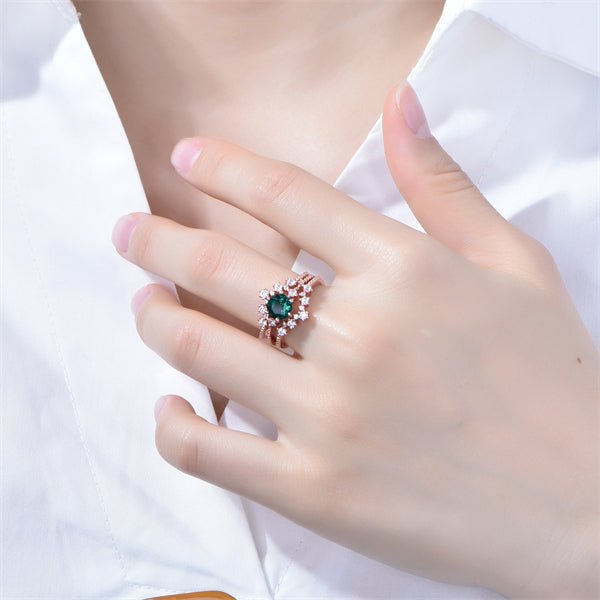 Round Emerald Trio Bridal Set with Tiara Curve Diamond Band - Lord of Gem Rings