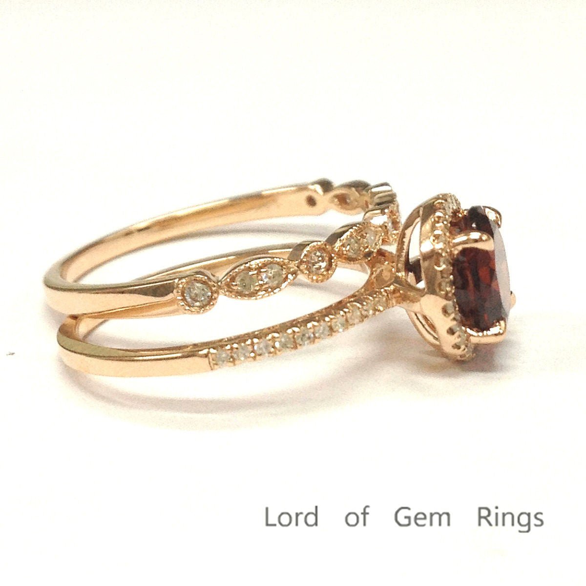 Round Garnet Art Deco Diamond Band Bridal Set 14K Rose Gold - Lord of Gem Rings