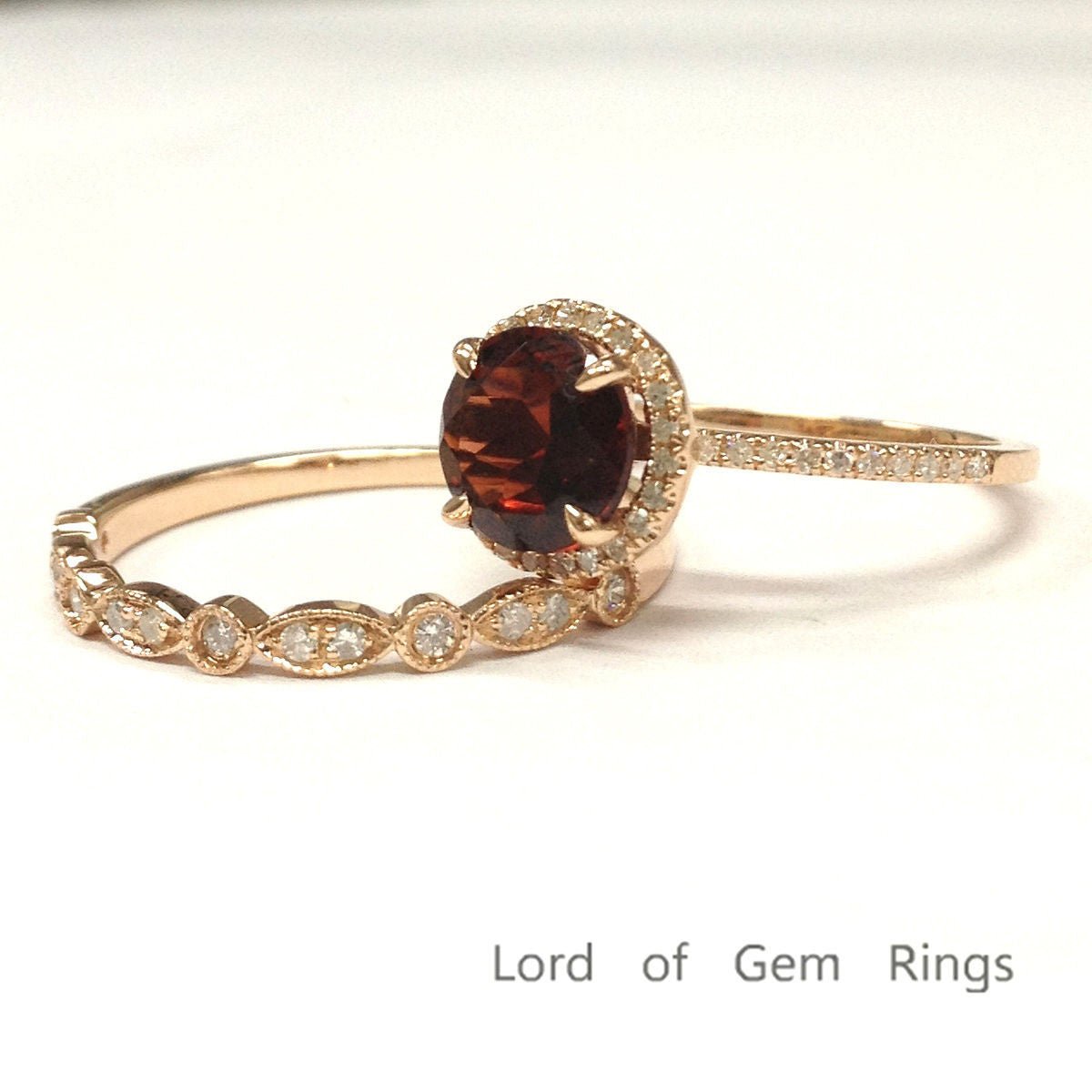 Round Garnet Art Deco Diamond Band Bridal Set 14K Rose Gold - Lord of Gem Rings