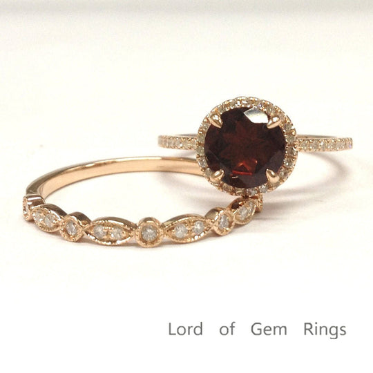 Round Garnet Art Deco Diamond Band Bridal Set 14K Rose Gold