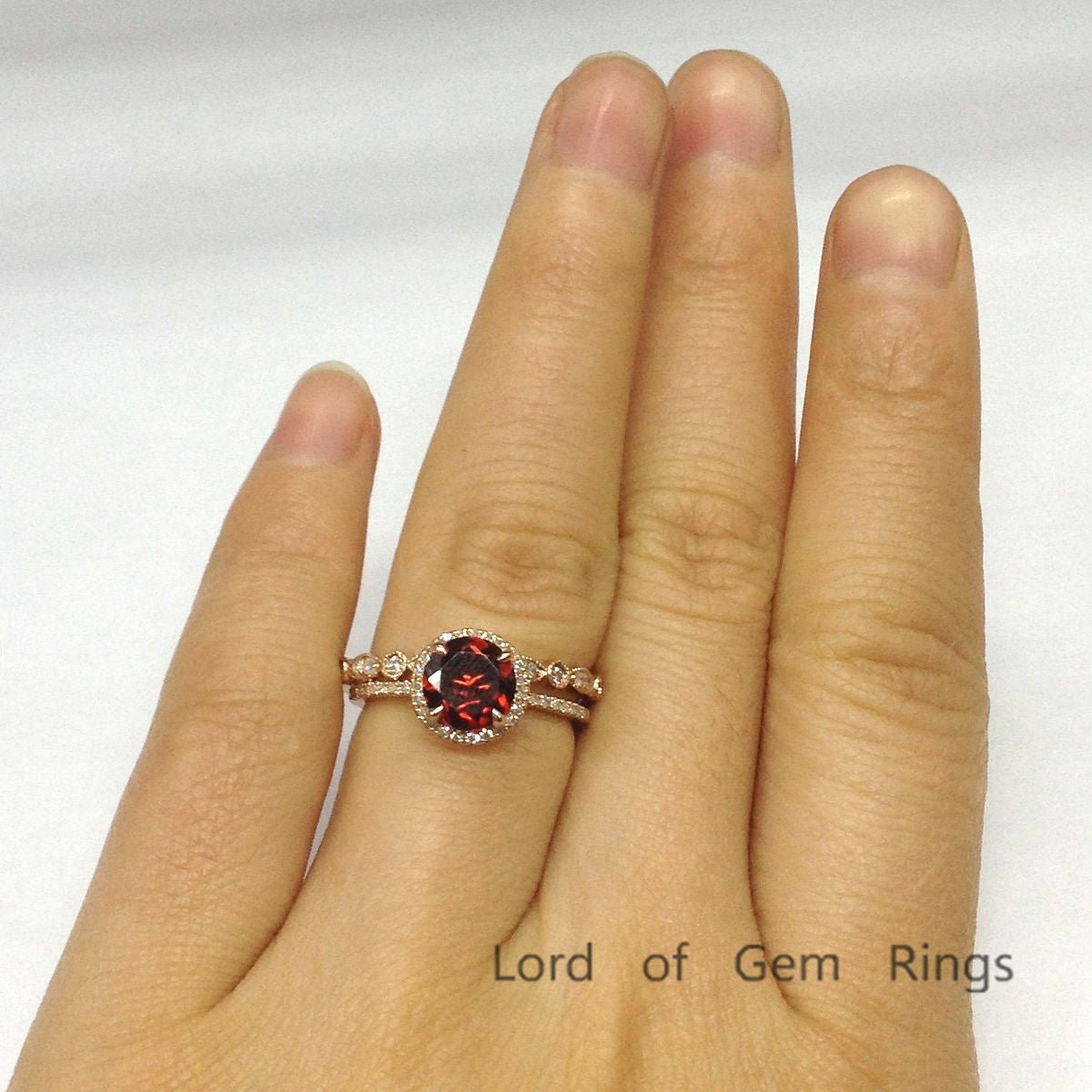Round Garnet Art Deco Diamond Band Bridal Set 14K Rose Gold - Lord of Gem Rings