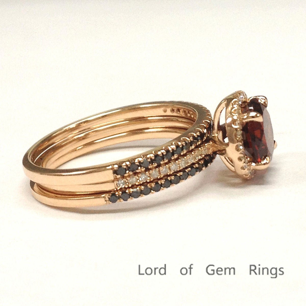 Round Garnet Black Diamond Trio Bridal Set 14K Rose Gold - Lord of Gem Rings