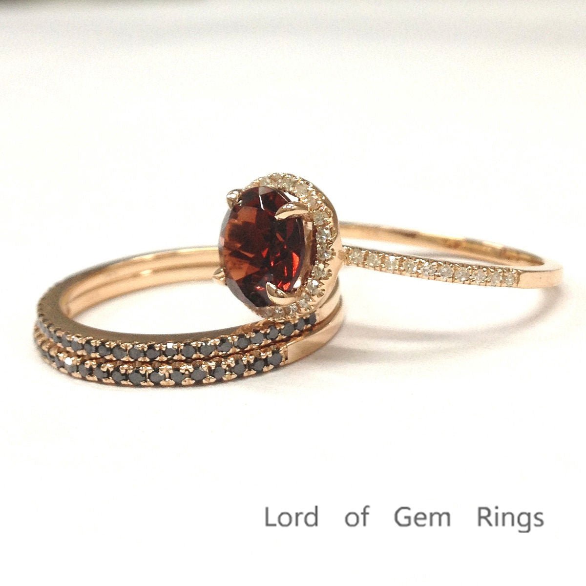 Round Garnet Black Diamond Trio Bridal Set 14K Rose Gold - Lord of Gem Rings