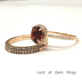 Round Garnet Black Diamond Trio Bridal Set 14K Rose Gold - Lord of Gem Rings
