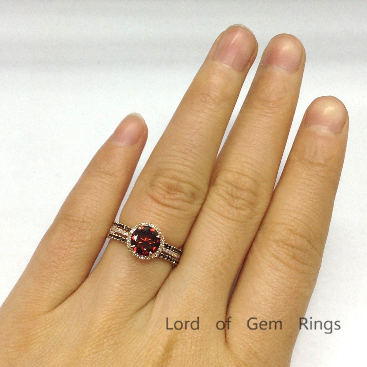 Round Garnet Black Diamond Trio Bridal Set 14K Rose Gold - Lord of Gem Rings