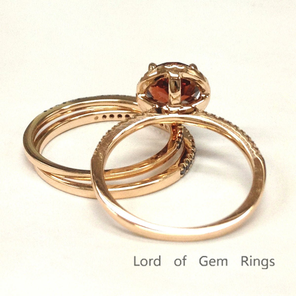 Round Garnet Black Diamond Trio Bridal Set 14K Rose Gold - Lord of Gem Rings