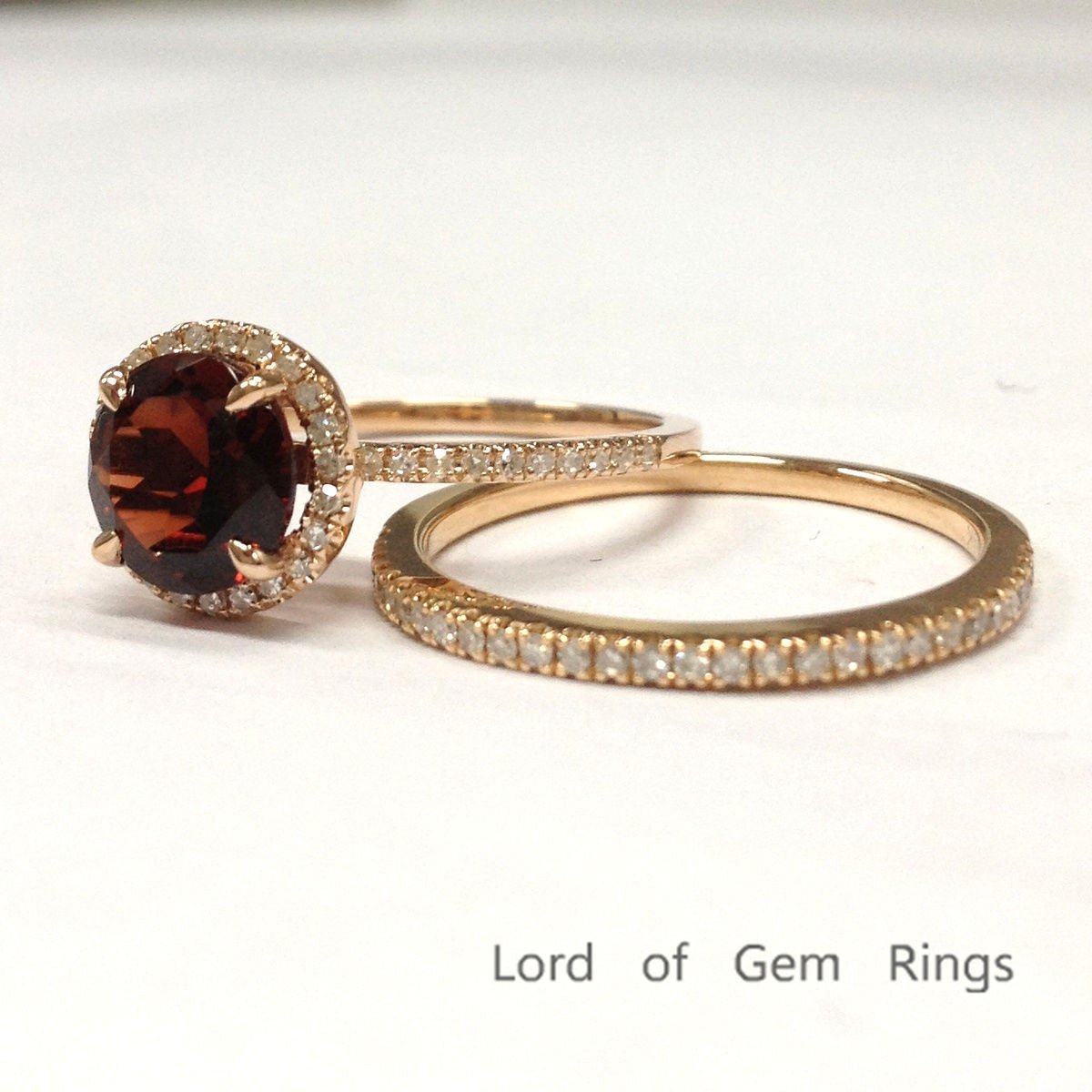 Round Garnet Diamond Bridal Set 14K Rose Gold - Lord of Gem Rings