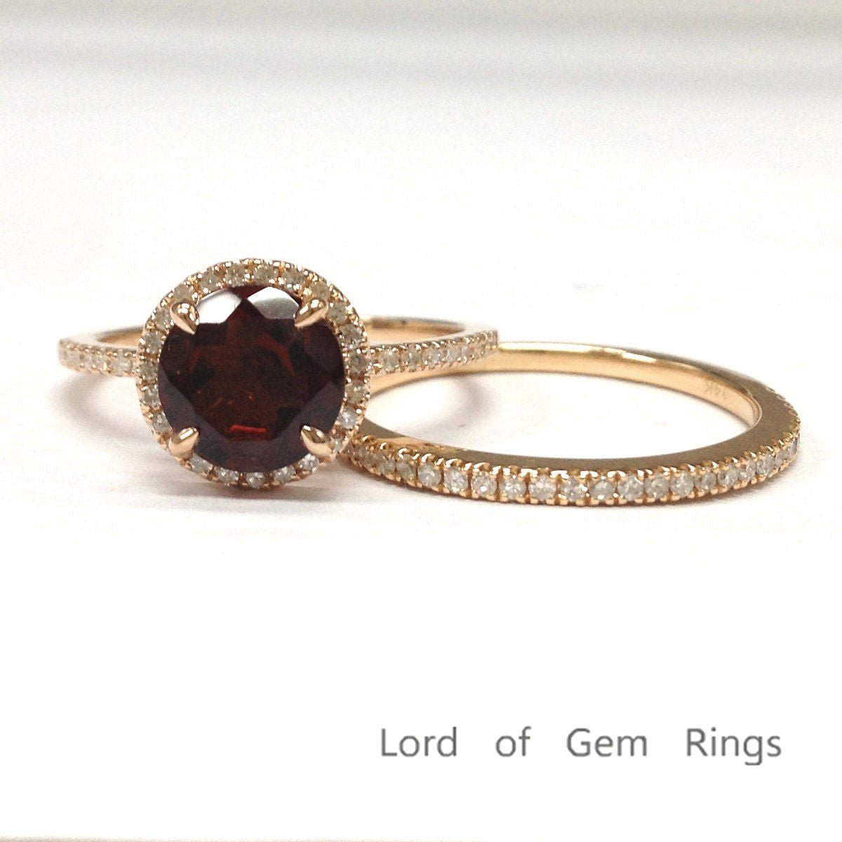 Round Garnet Diamond Bridal Set 14K Rose Gold - Lord of Gem Rings