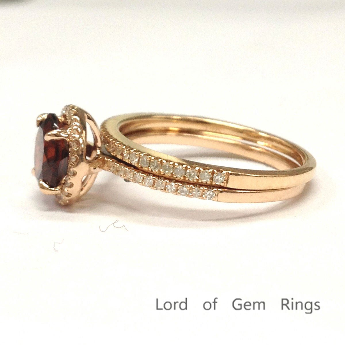Round Garnet Diamond Bridal Set 14K Rose Gold - Lord of Gem Rings