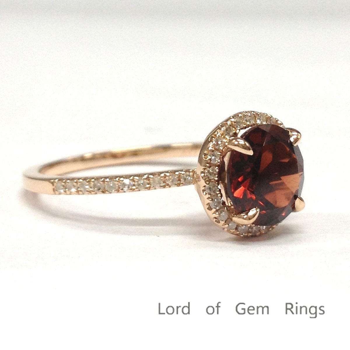 Round Garnet Diamond Halo Engagement Ring 14K Rose Gold - Lord of Gem Rings