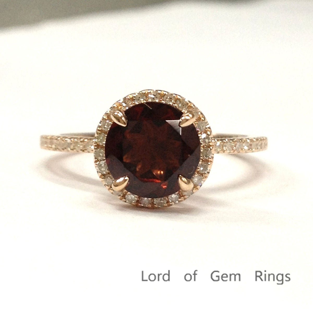 Round Garnet Diamond Halo Engagement Ring 14K Rose Gold - Lord of Gem Rings