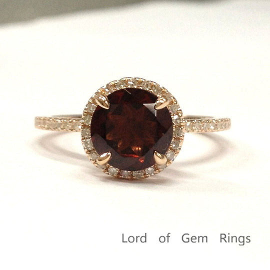 Round Garnet Diamond Halo Engagement Ring 14K Rose Gold
