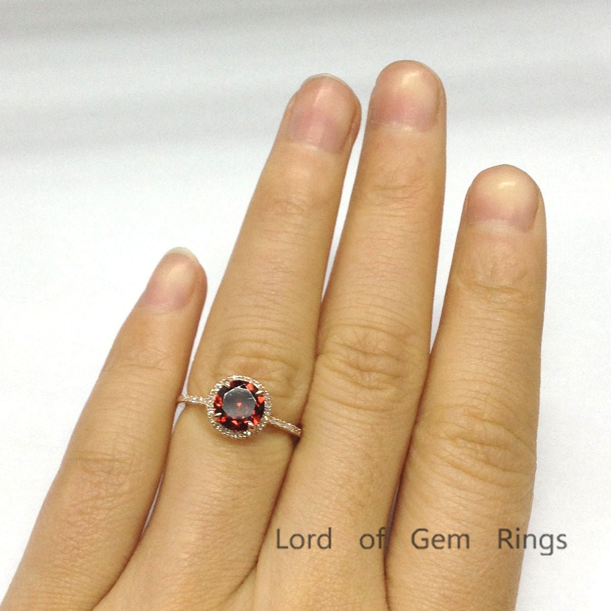 Round Garnet Diamond Halo Engagement Ring 14K Rose Gold - Lord of Gem Rings