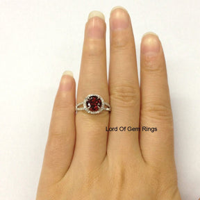 Round Garnet Diamond Halo Split Shank Engagement Ring - Lord of Gem Rings