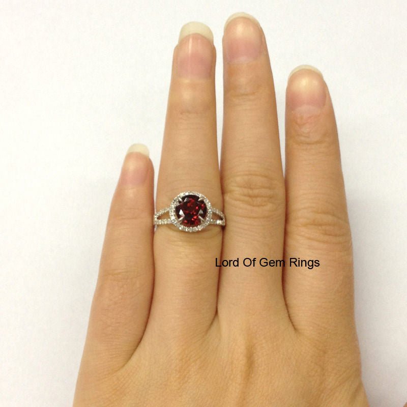 Round Garnet Diamond Halo Split Shank Engagement Ring - Lord of Gem Rings